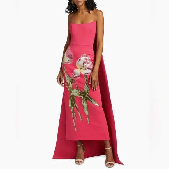 Amsale Pink Gown with Sequin Floral Design & Removable Train - Picture 1 of 12
